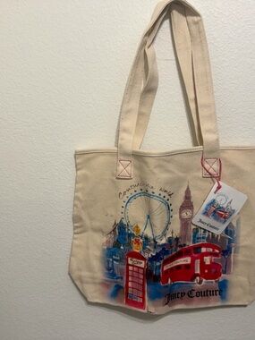 Juicy Couture Cream Canvas Tote with Red and Blue London Motif